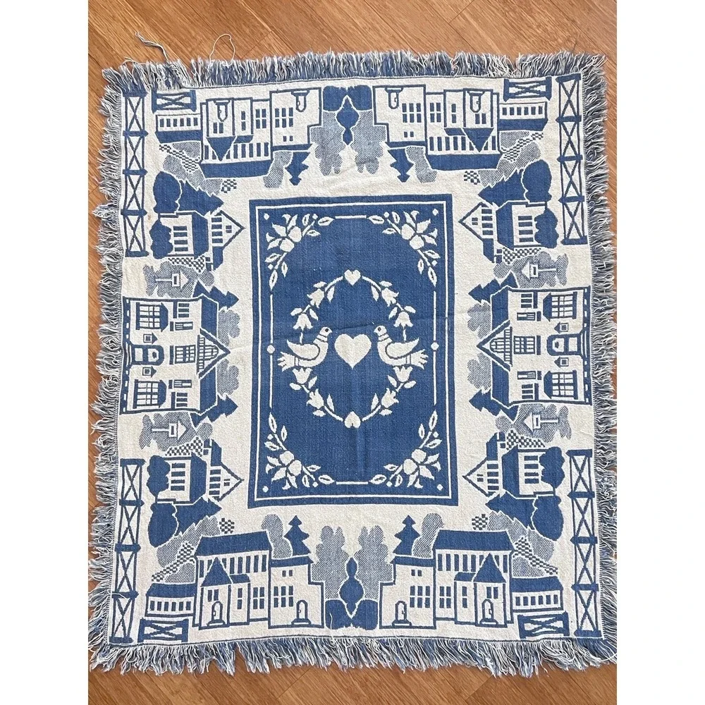 Lovebirds Woven Throw Blanket 53x44 Blue Folk Art Bird Heart Cotton Americana